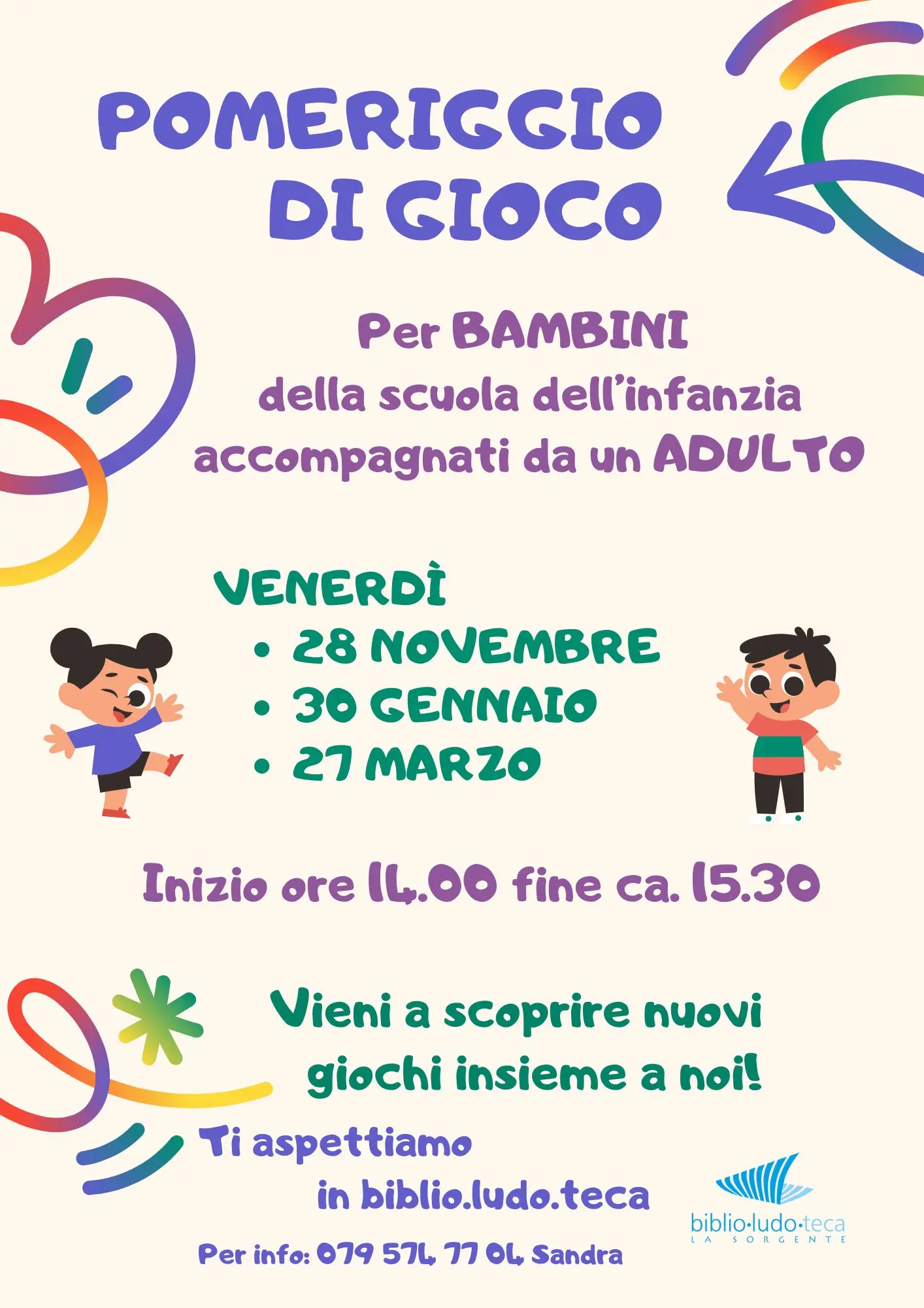 Volantino colorato con testo su un pomeriggio di gioco per bambini della scuola dell'infanzia, accompagnati da un adulto. Include date e orari di attività, con illustrazioni di bambini che giocano.