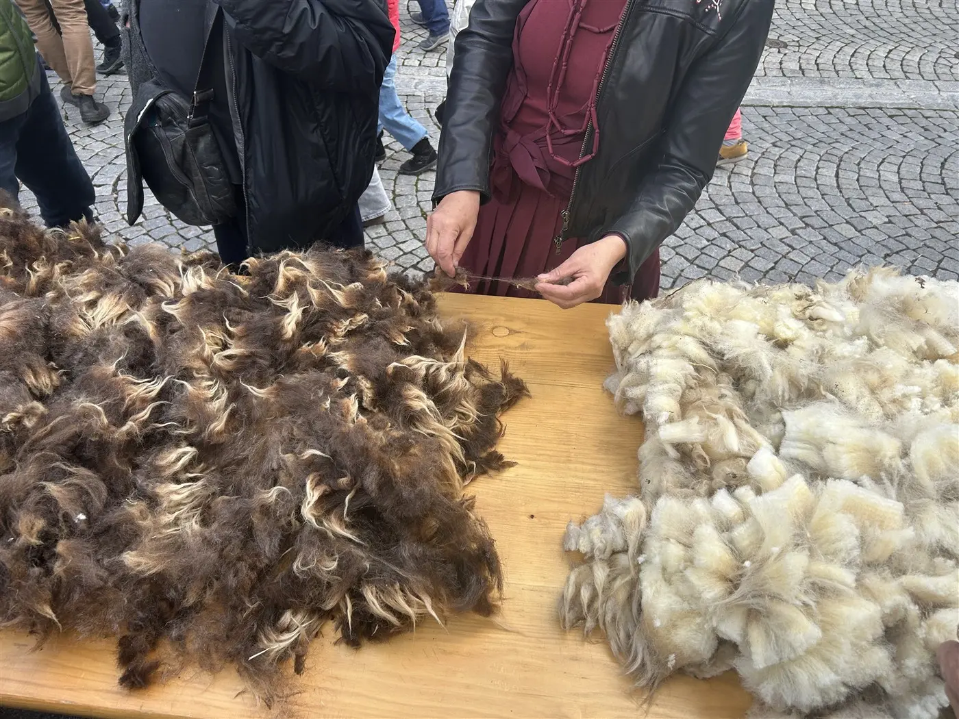 Due tipi di fibre lanose disposte su un tavolo di legno. A sinistra, una fibra marrone scuro e riccia; a destra, una fibra bianca e morbida. Un uomo sta tirando un filo sopra le fibre. Sullo sfondo, persone in movimento.