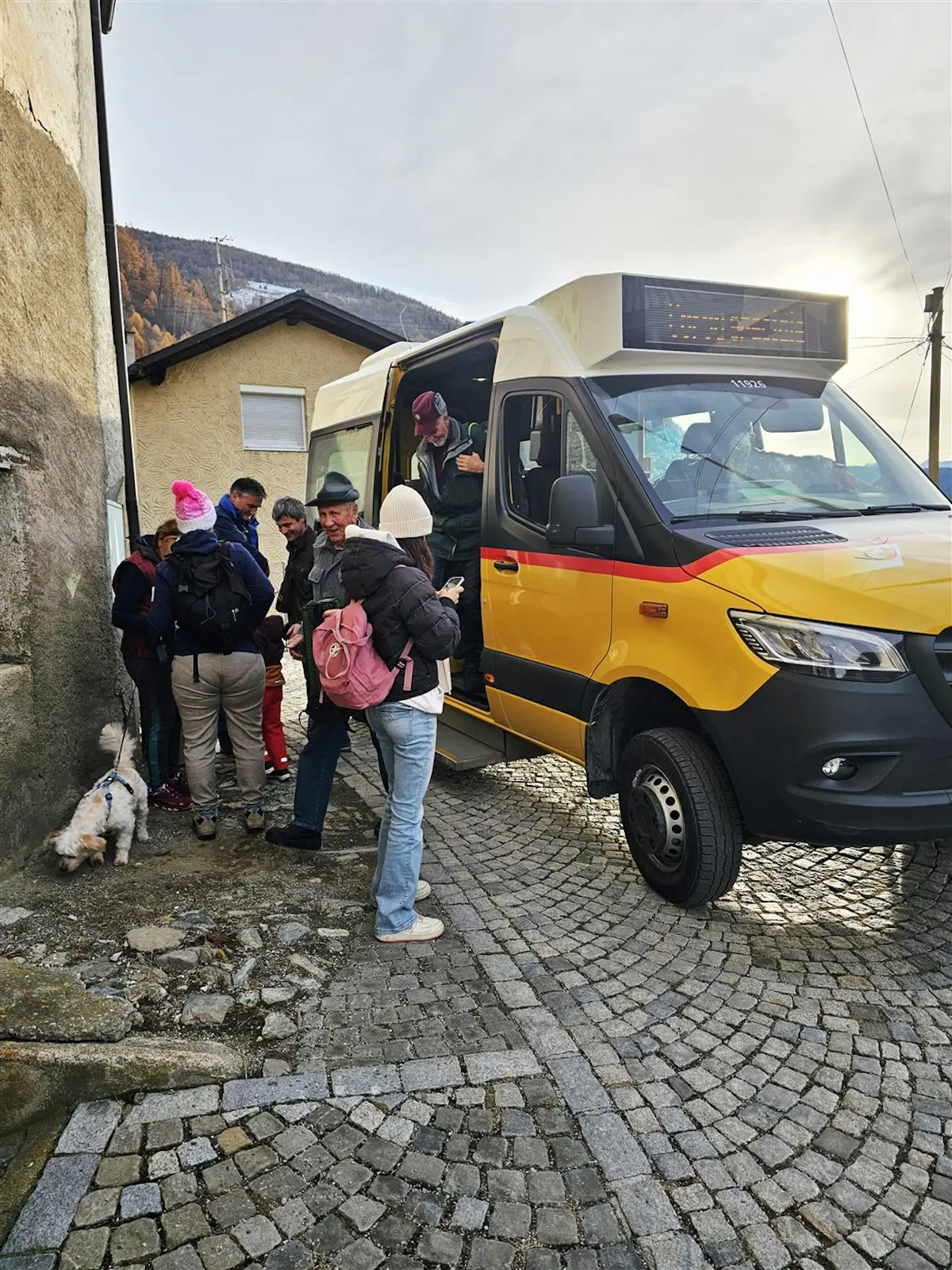 Gruppo di persone che salgono su un minibus giallo in una strada di ciottoli. Un cane bianco è presente accanto a loro. È giorno e il cielo appare nu