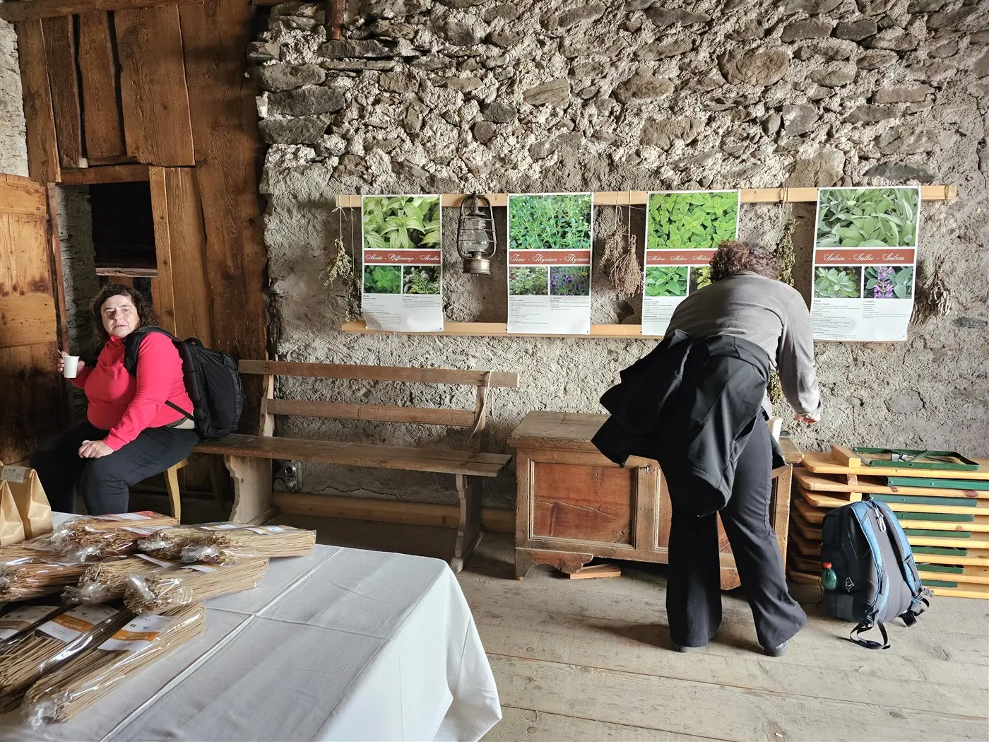 Due persone in una stanza rustica, una seduta su una panca e l'altra in piedi accanto a un tavolo con materiale espositivo e poster di piante affissi al muro. Il pavimento è in legno e il muro è di pietra.
