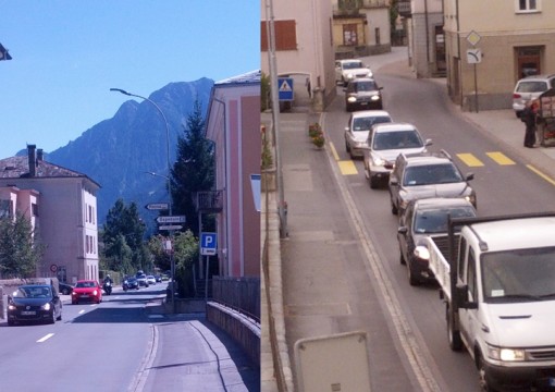 La colonna che viaggia verso Livigno (mattina - foto sinistra), l'altra la colonna di rientro (pomeriggio - foto destra).
