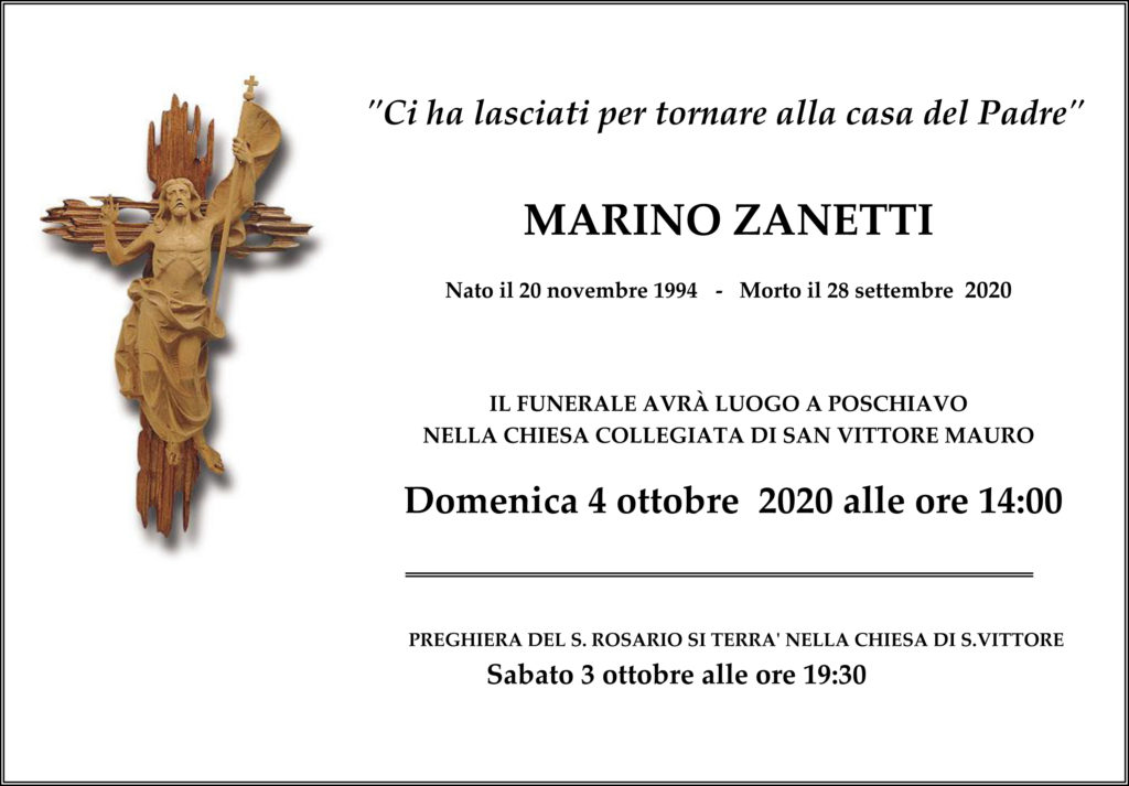 Annuncio funebre di Marino Zanetti